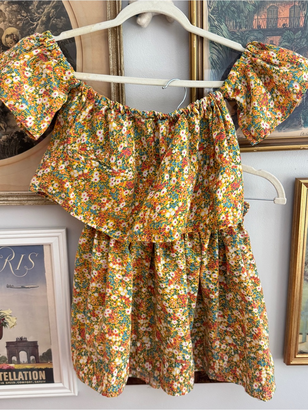 Floral Off-Shoulder Tiered Mini Dress in Yellow & Orange